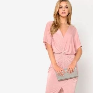 Stretch Twist Front Kimono Dress-Pink-Small
